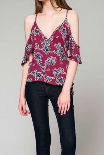 Wine Floral Print Cold Shoulder Wrap Top