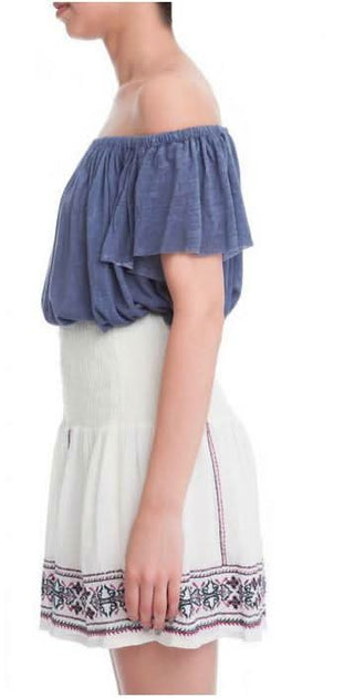 Detail shot of the rayon fabric and the delicate plum, wine, and blue embroidery.