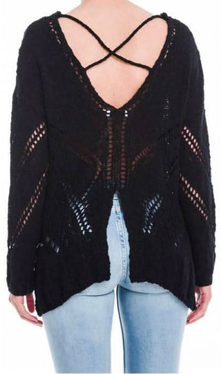 Black Open Knit Crochet Sweater with Strappy Details - Boho Style
