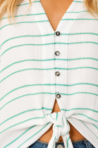 White and Green Button-Down Tie Top