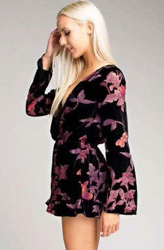 Oh My Black Floral Velvet Bell Sleeve Romper - Side View