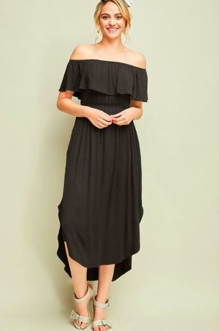 Black Off-Shoulder Dress - Casual Midi Dress | Boho Pink Black Off-Shoulder Dress - Casual Midi Dress | Boho Pink
