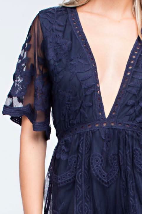 Endless Lace Navy Deep V Romper -  BohoPink