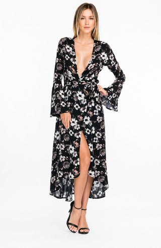 Bloom Black Floral Bell Sleeve Midi Wrap Dress - Front View