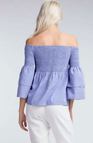 blue off the shoulder top back view