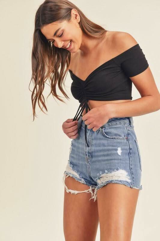 Bailey Black Drawstring Off-the-Shoulder Crop Top -  BohoPink