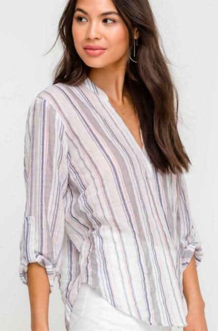 Womens Striped Roll Tab Sleeve Shirt