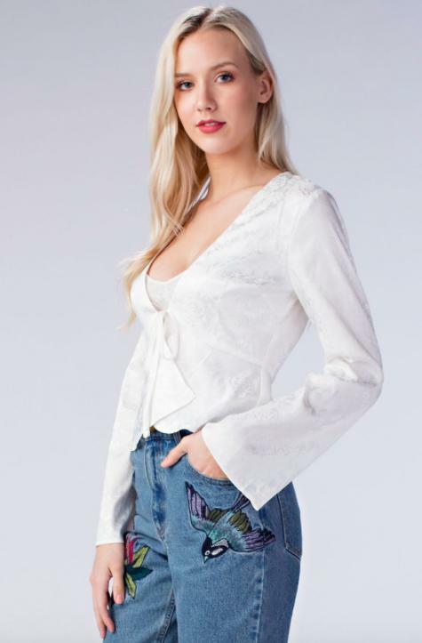 White Satin Bell Sleeve Top