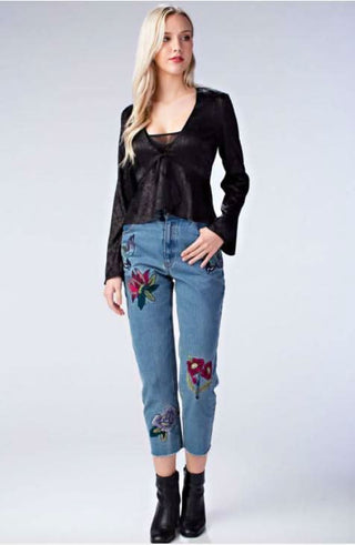 black satin statement top with bell sleeves by honey punch