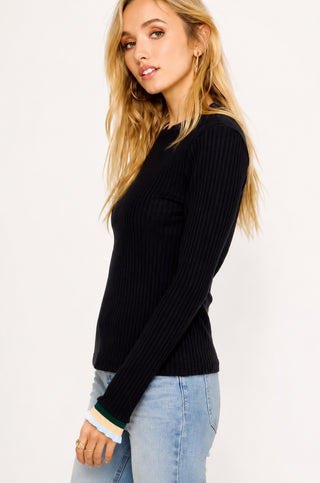 Lola Black Ribbed Long Sleeve Top - Detail View