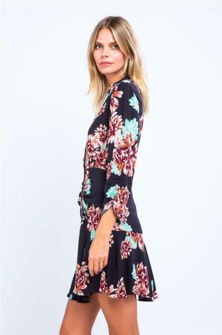 Black Floral 34 Sleeve Mini Dress