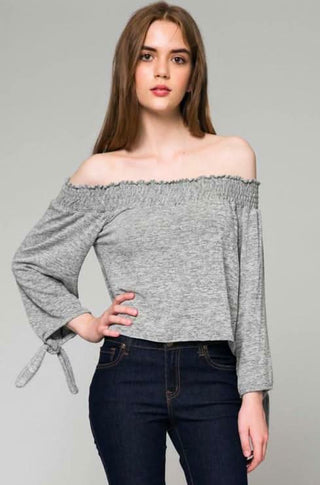 Montauk Heather Grey Off-The-Shoulder Top with Sleeves - Boho Style
