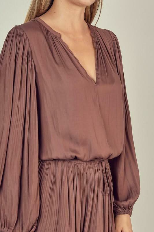 Truffle Balloon Sleeve Mini Dress Silky V-Neck Pleated Party Dress Mustard Seed | Size S Truffle Balloon Sleeve Mini Dress Silky V-Neck Pleated Party Dress Mustard Seed | Size S