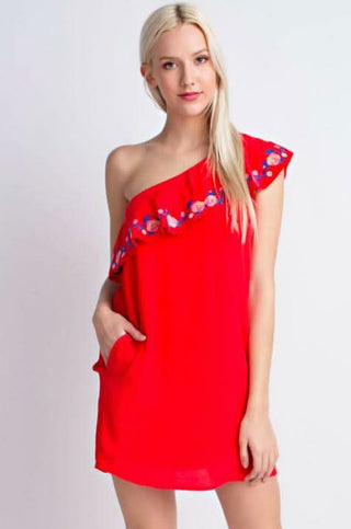 Southern Bud Red One-Shoulder Ruffle Mini Dress with floral embroidery
