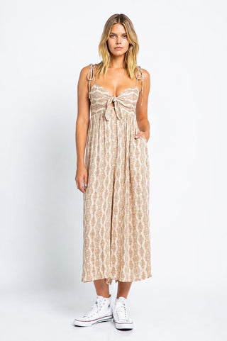 Goa Cream Print Tie-Front Midi Jumpsuit - Front View