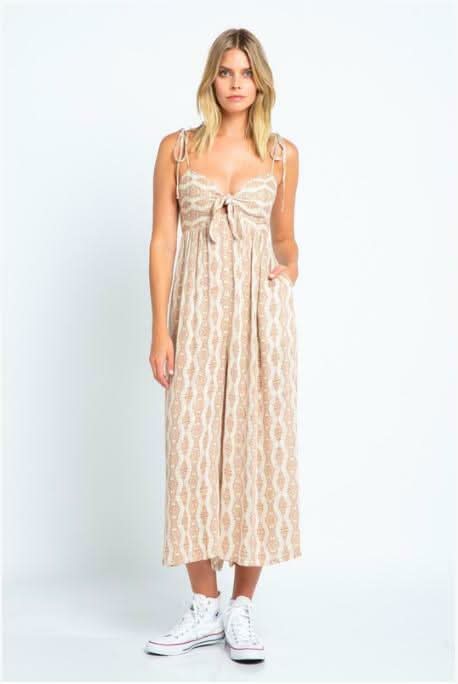 Goa Cream Print Tie-Front Midi Jumpsuit -  BohoPink