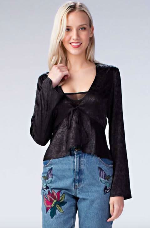 Black Satin Long Sleeve Peplum Top