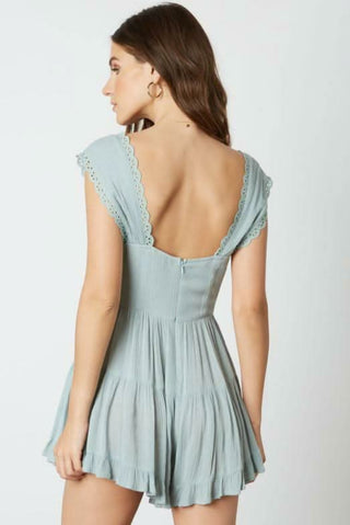 Seafoam blue boho romper with lace trim - back view