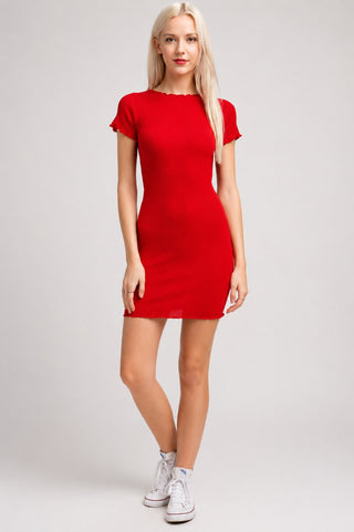 Jenna Red Knit Lettuce Hem Dress - Full Outfit