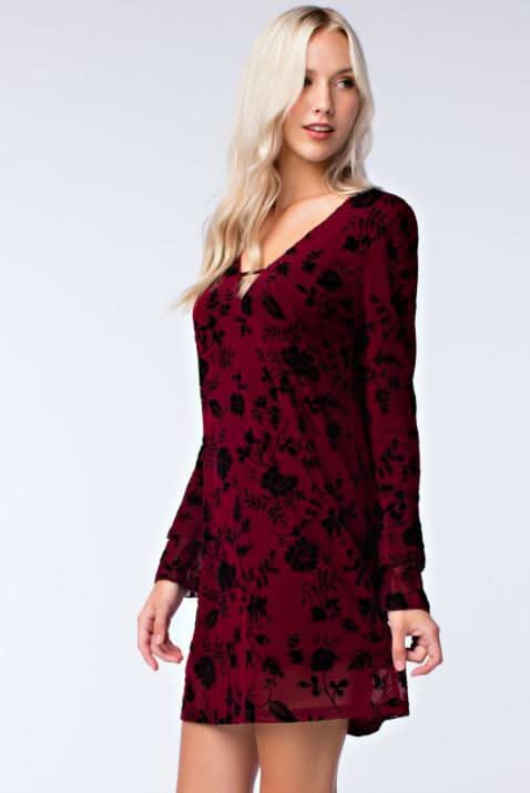 Wine Ruffle Sleeve Burnout Velvet Shift Dress