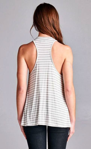 Ivory striped mock neck top, back view of racer back 