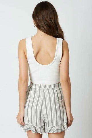 Black striped wrap skort with ruffle hem - back view