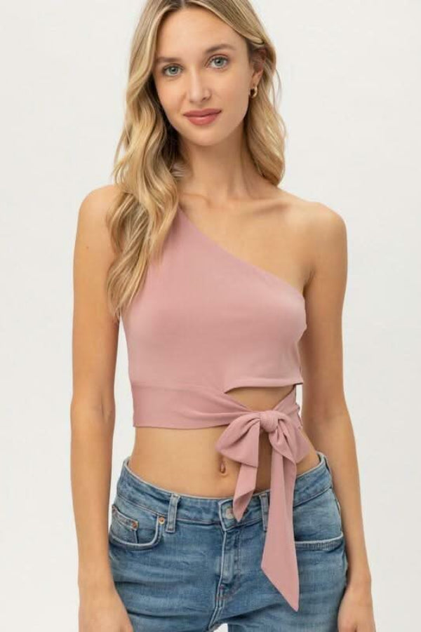 Zoe Mauve One-Shoulder Waist Tie Crop Top - Front View