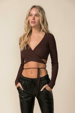 Falling For You Brown Wrap Cropped Sweater Top - Front View