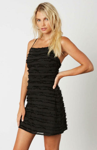 Black boho party dress with fringe detail - side view