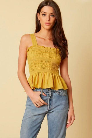Mustard yellow smocked peplum tank top front view
