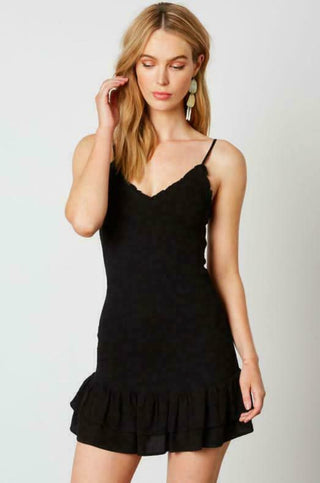 Black smocked cami mini dress front view