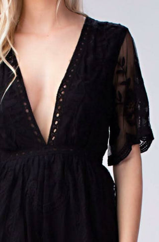Endless Lace Black Deep V Romper -  Closeup View
