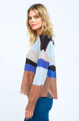 blue striped distressed sweater drop shoulder relaxed fit side view