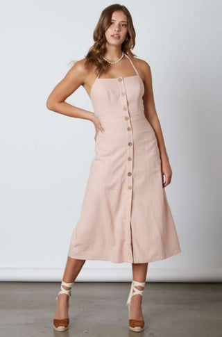 Blush pink backless midi dress side view