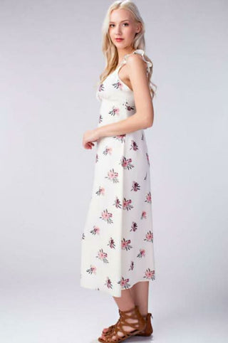 side view white floral midi dress for women with flowy silhouette