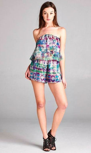 Escape teal blue jewel print strapless romper with a tiered flounce bodice 