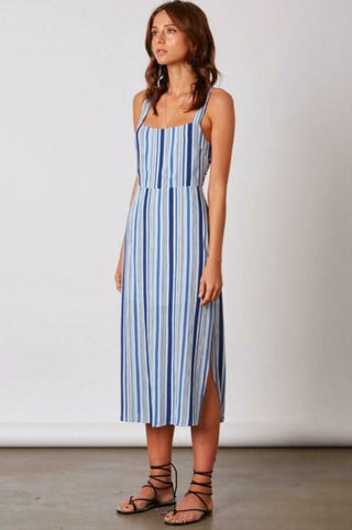 blue striped wide strap midi dress side view