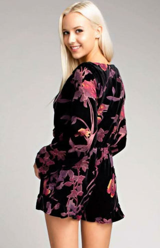 Oh My Black Floral Velvet Bell Sleeve Romper - Back View