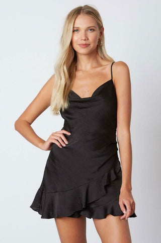 Cassidy Black Satin Wrap Skort Dress front