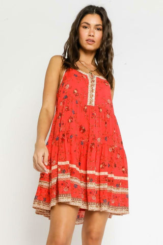 Having A Moment red floral swing babydoll dress with adjustable straps