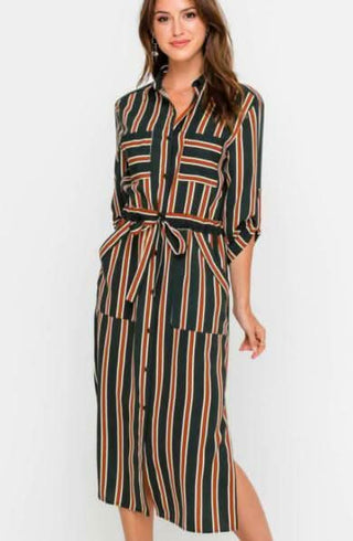 Laura Navy and Rust Striped Midi Shirt Dress - Front View