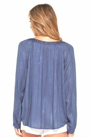 Nevada slate blue striped blouse - bohemian long sleeve top with metallic accents
