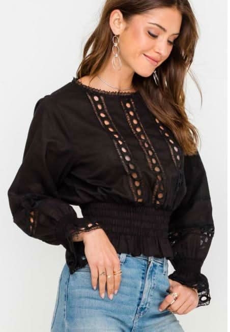 Clara Black Eyelet Lace Smocked Top -  BohoPink