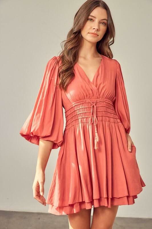 Rose Three Quarter Puff Sleeve Mini Dress | Boho Pink Rose Three Quarter Puff Sleeve Mini Dress | Boho Pink