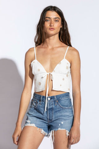 Kim White and Tan Embroidered Floral Crop Top front view | Boho Pink
