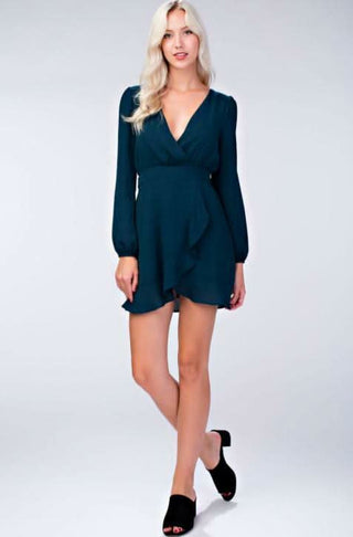 Second Chance Teal Wrap Dress styled with block heels
