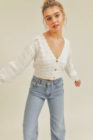 Lush White Pointelle Knit Cropped Cardigan Sweater - Front View 