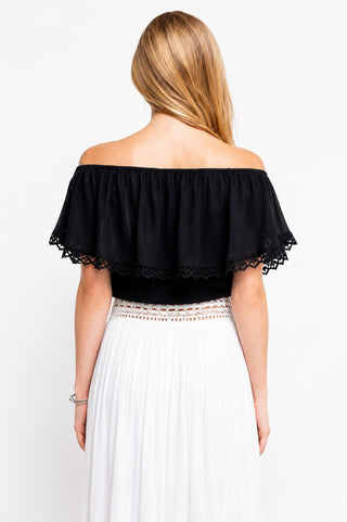 Gypsy Spell Black Off-the-Shoulder Ruffle  Crop Top - Back View