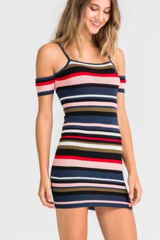 Closeup view of the Lush Santorini Sunset Striped Cold Shoulder Dress