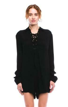 Black Lace-Up Long Sleeve Romper 